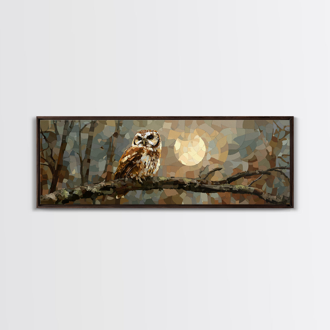 Owl Perched in Moonlit Woodland Framed Canvas Print, Wildlife Art, Forest Wall Art, Living Room Decor, Oil Painting, Wild, WIL-3x1-28