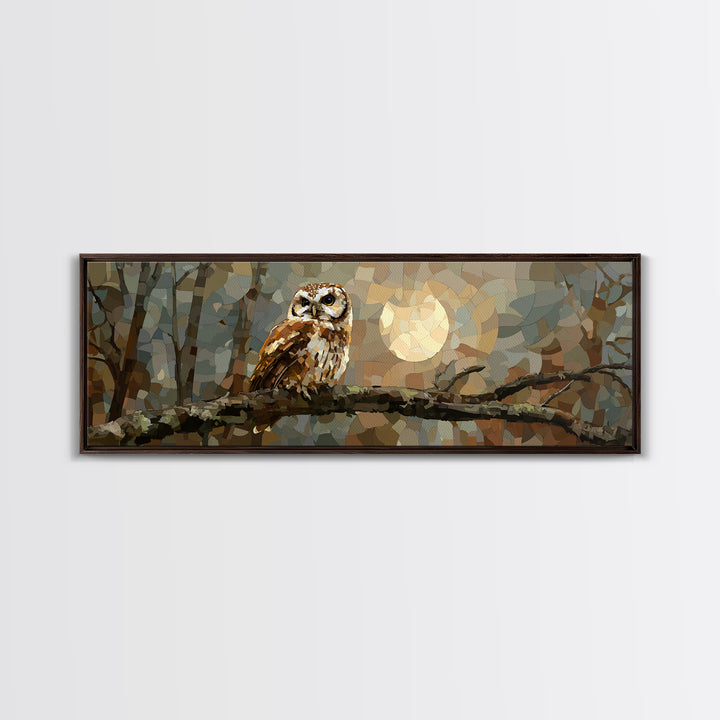 Owl Perched in Moonlit Woodland Framed Canvas Print, Wildlife Art, Forest Wall Art, Living Room Decor, Oil Painting, Wild, WIL-3x1-28