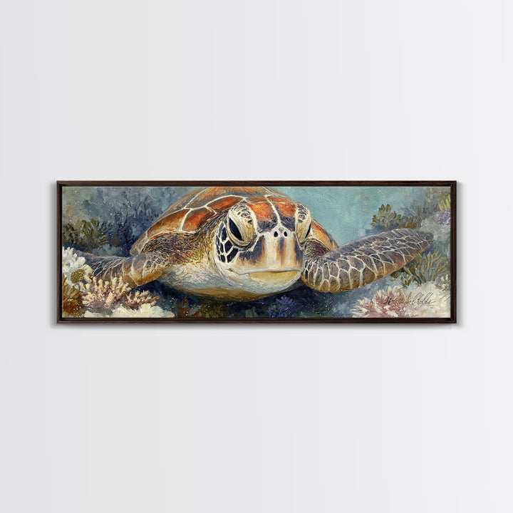 Sea Turtle over Coral Reef Canvas Print, Wildlife Art, Digital Wall Art, Living Room Decor, Abstract Art, Wild, Modern Art, WIL-3x1-34