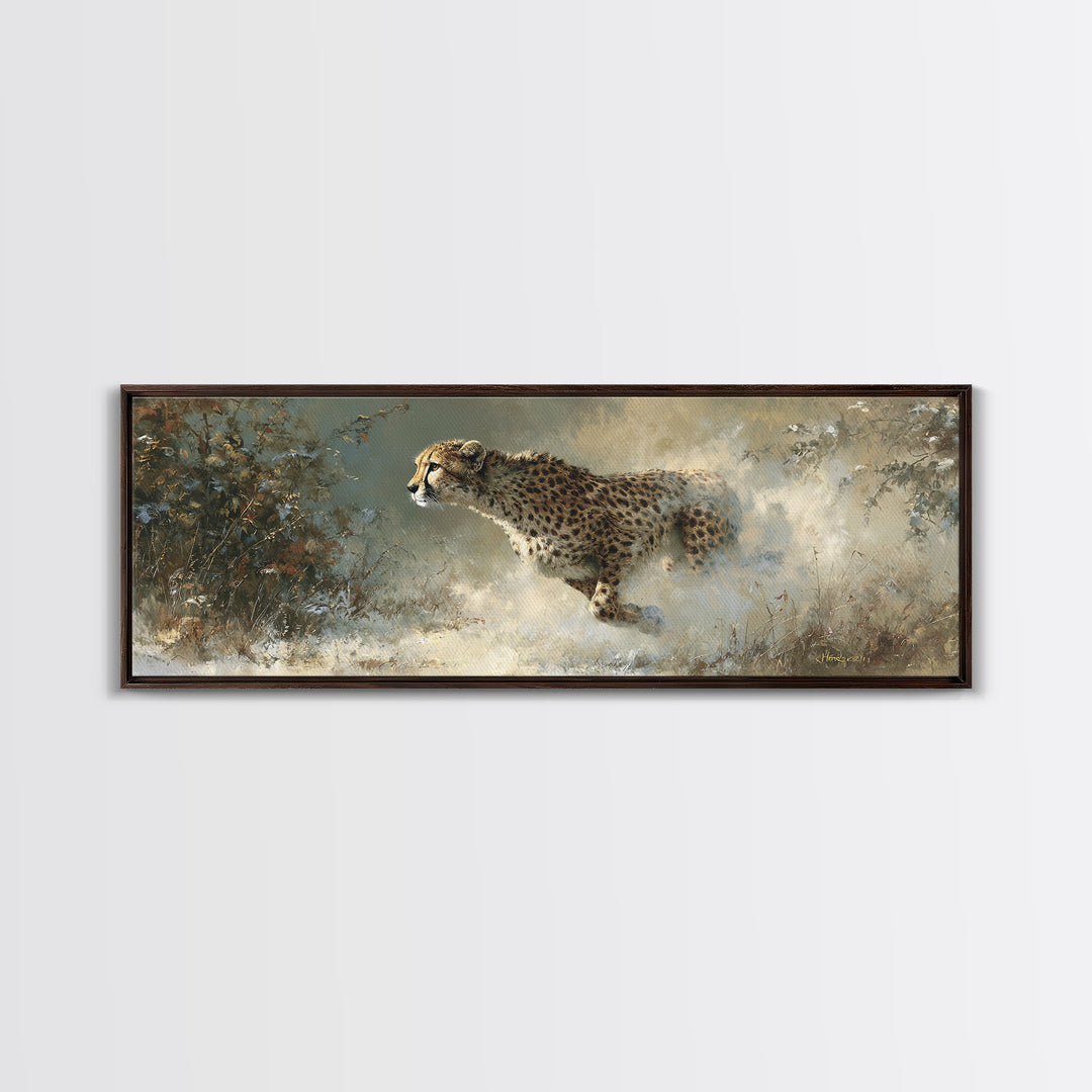 Cheetah Running Through Warm Dust Framed Canvas Print, Wildlife Art, Living Room Wall Art, Living Room Decor, Watercolor Art, WIL-3x1-37