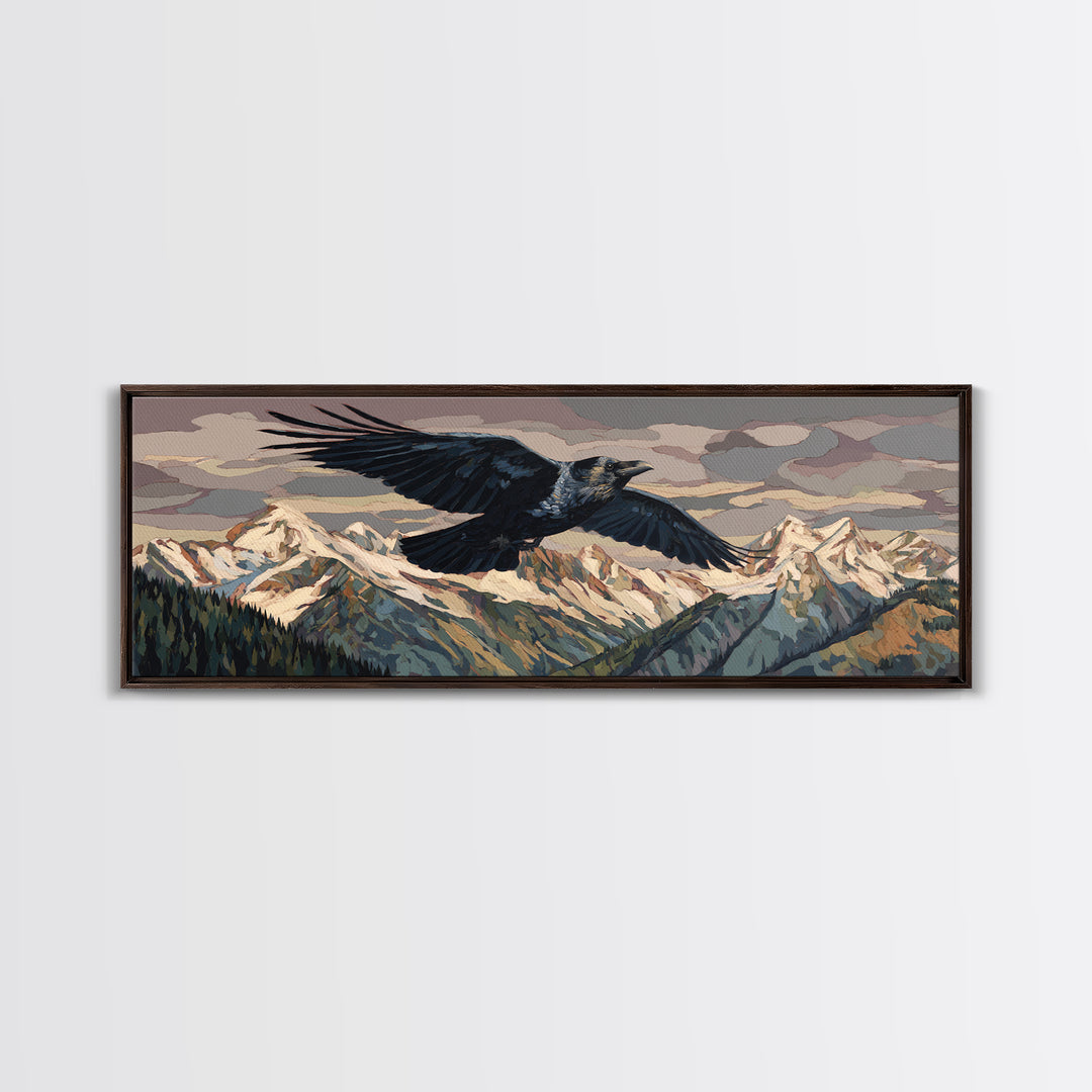 Raven Flying Through Snowy Mountains Canvas Print, Wildlife Art, Gallery Decor, Living Room Decor, Oil Painting, Wild, WIL-3x1-40