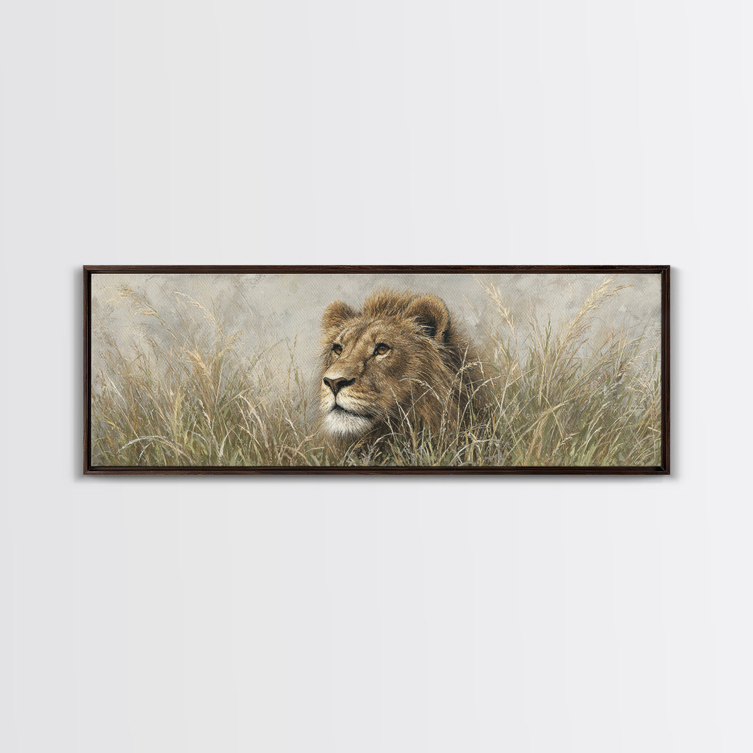 Lion Emerging from Golden Savanna Grass Canvas Print, Wildlife Art, Living Room Art, Living Room Decor, Watercolor Art, Wild, WIL-3x1-41