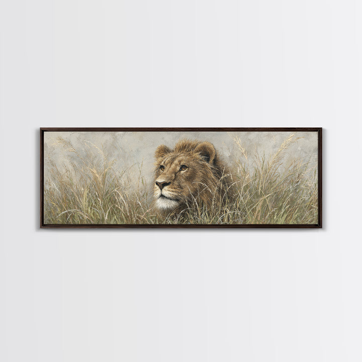 Lion Emerging from Golden Savanna Grass Canvas Print, Wildlife Art, Living Room Art, Living Room Decor, Watercolor Art, Wild, WIL-3x1-41