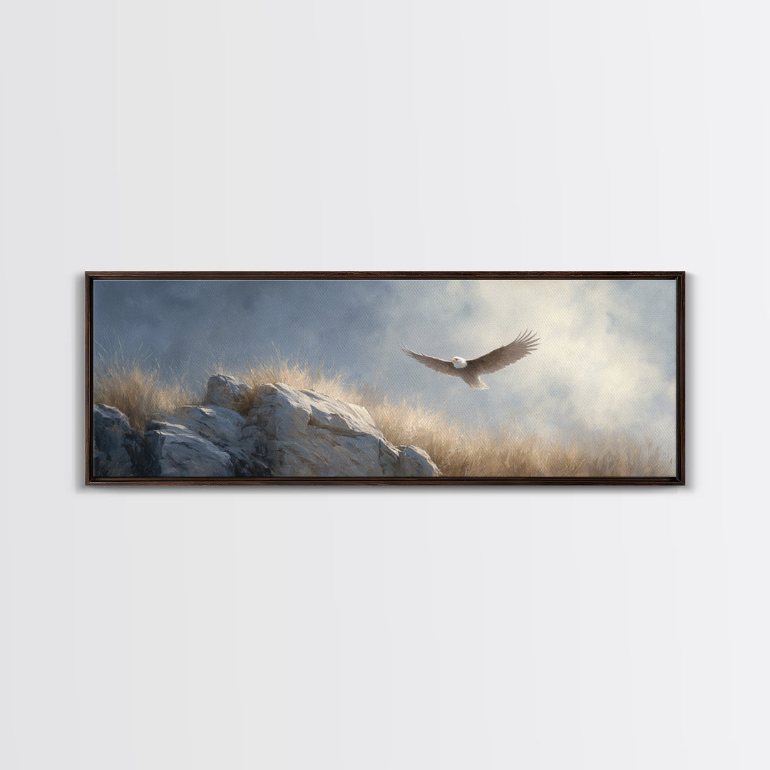 Eagle Soaring Above Rocky Cliffs Canvas Print, Wildlife Art, Canvas Print, Living Room Decor, Fine Art, Wild, Forest Wall Art, WIL-3x1-46