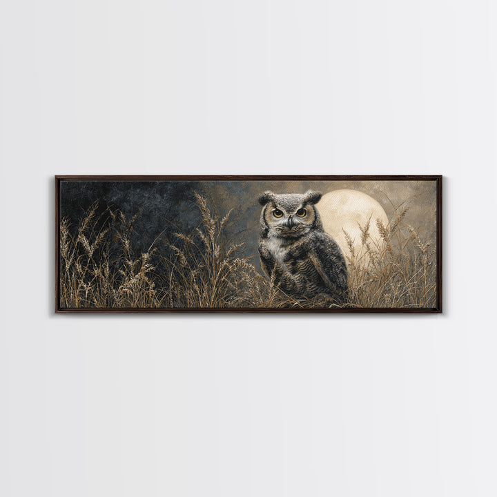 Owl Perched in Moonlit Woodland Framed Canvas Print, Wildlife Art, Room Decor, Living Room Decor, Abstract Art, Wild, WIL-3x1-52