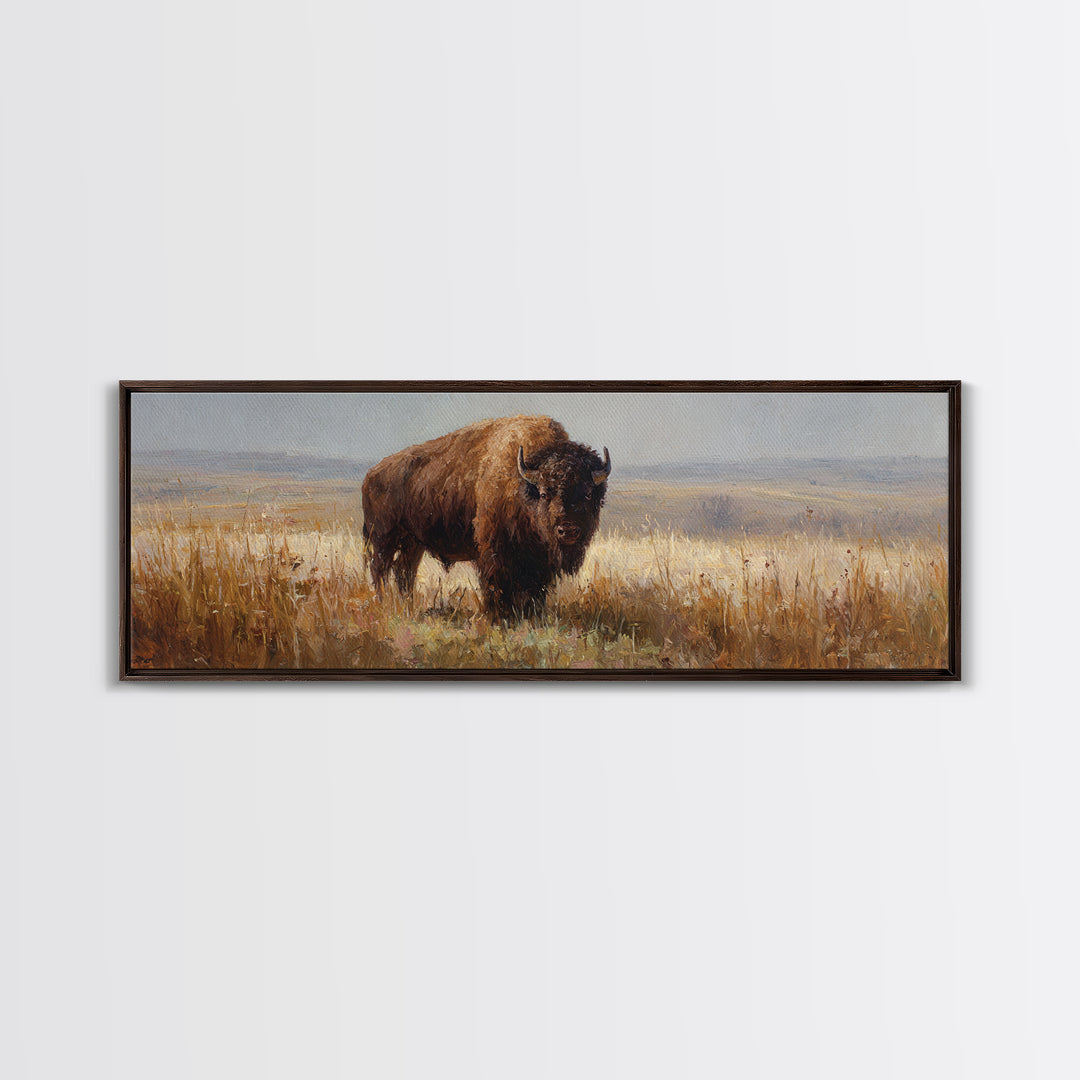 Bison on Wide Western Prairie Framed Canvas Print, Wildlife Art, Landscape Art, Living Room Decor, Fine Art, Wild, Modern Decor, WIL-3x1-53