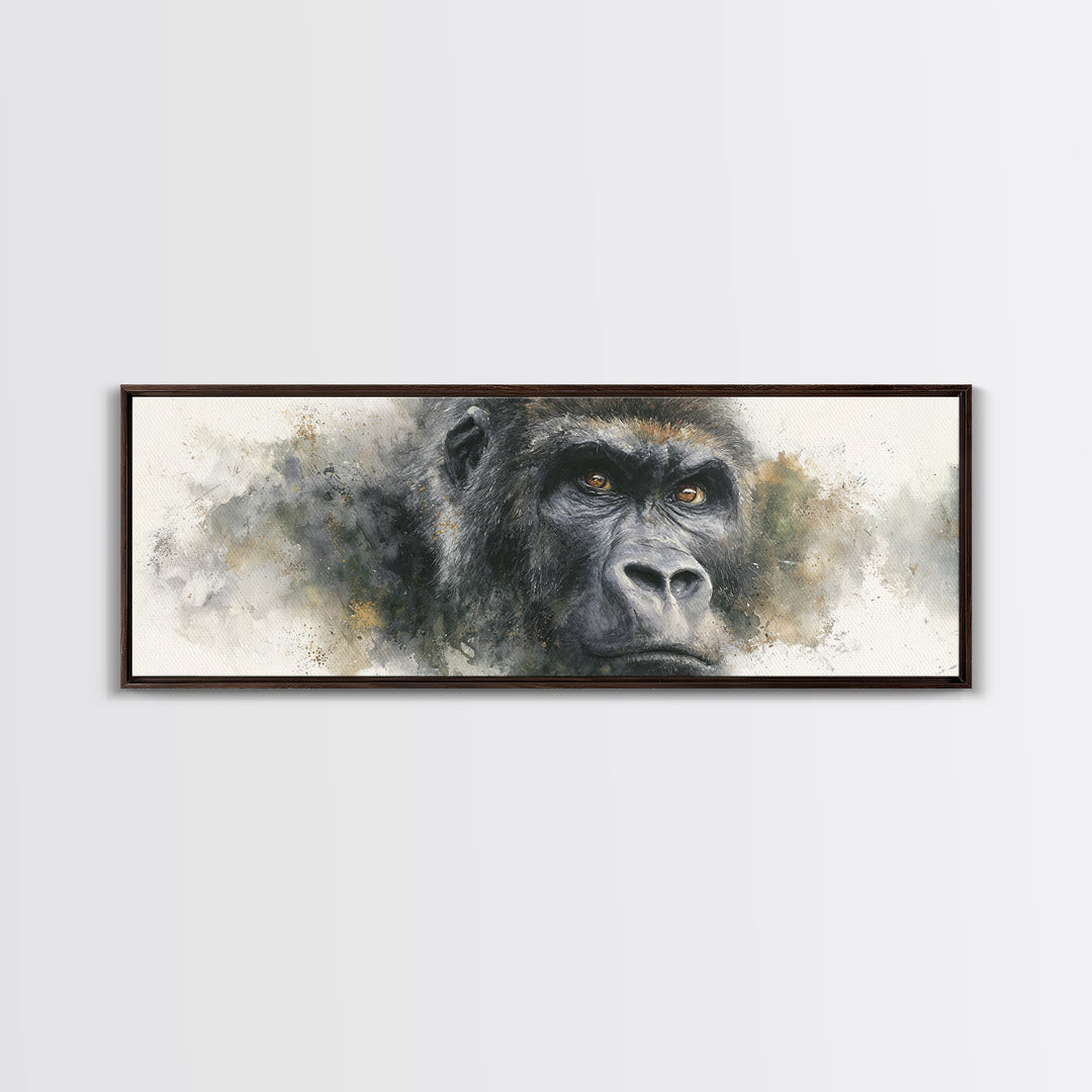 Gorilla Portrait with Powerful Gaze Framed Canvas Print, Wildlife Art, Leopard Wall Art, Living Room Decor, Fine Art, Wild, WIL-3x1-57