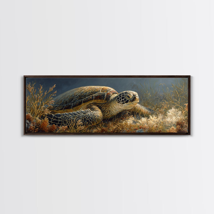 Sea Turtle over Coral Reef Framed Canvas Print, Wildlife Art, Modern Wall Art, Living Room Decor, Fine Art, Wild, Bird Wall Art, WIL-3x1-58