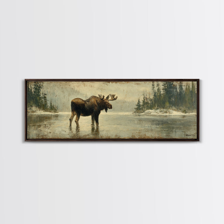 Moose Standing in Reflective Lake Framed Canvas Print, Wildlife Art, Wall Art, Living Room Decor, Wild, Modern Wall Art, WIL-3x1-59