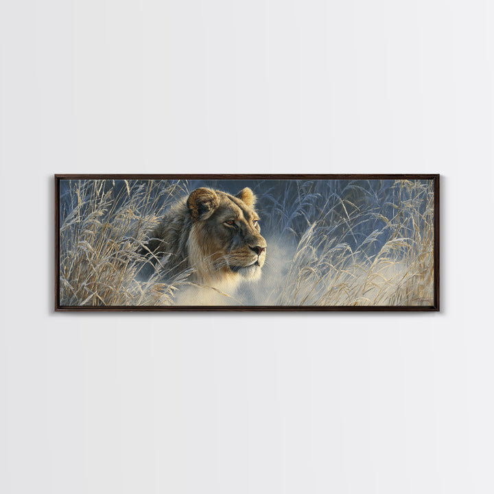 Lion Emerging from Golden Savanna Grass Canvas Print, Wildlife Art, Living Room Art, Living Room Decor, Watercolor Art, Wild, WIL-3x1-65