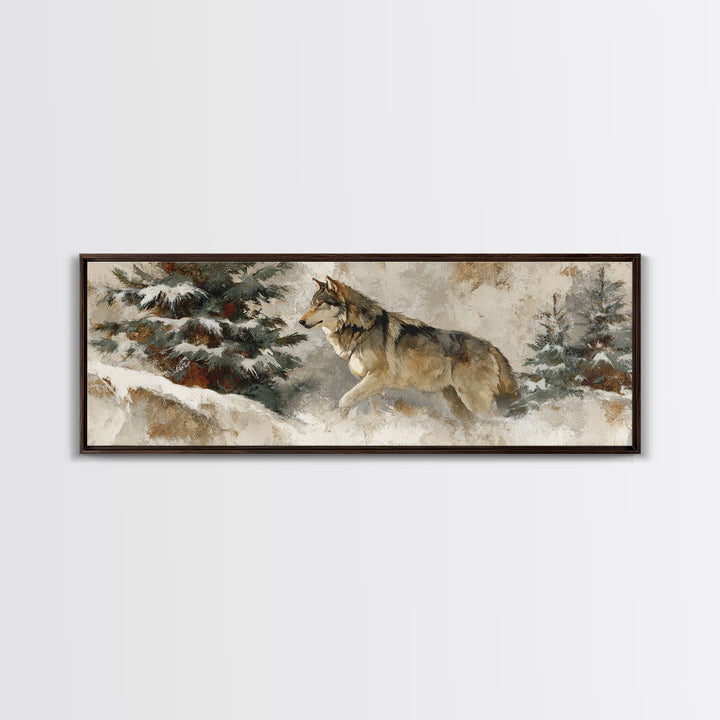 Wolf Standing Beneath Snowy Pine Trees Framed Canvas Print, Wildlife Art, Large Wall Art, Living Room Decor, Abstract Art, Wild, WIL-3x1-67