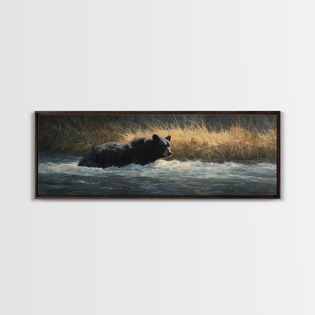 Bear Fishing in Rushing Mountain River Framed Canvas Print, Wildlife Art, Living Room Decor, Watercolor Art, Wild, WIL-3x1-68