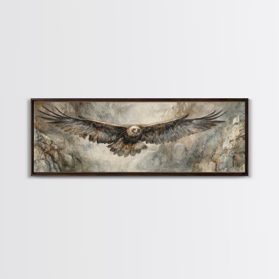 Eagle Soaring Above Rocky Cliffs Canvas Print, Wildlife Art, Art Print, Living Room Decor, Oil Painting, Wild, Digital Wall Art, WIL-3x1-70