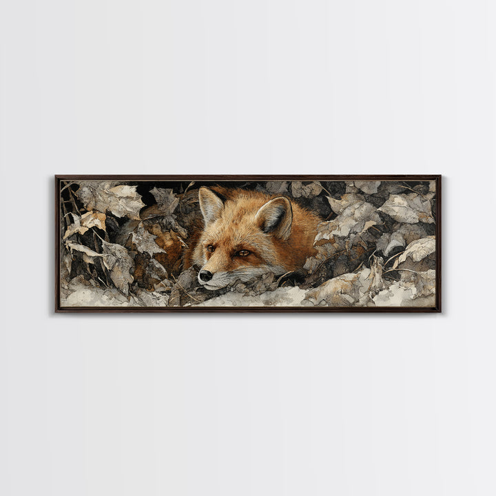 Fox in Autumn Forest Leaves Framed Canvas Print, Wildlife Art, Bird Wall Art, Living Room Decor, Oil Painting, Wild, WIL-3x1-73