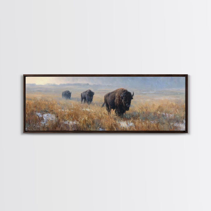 Bison on Wide Western Prairie Framed Canvas Print, Wildlife Art, Landscape Art, Living Room Decor, Fine Art, Wild, Modern Decor, WIL-3x1-77