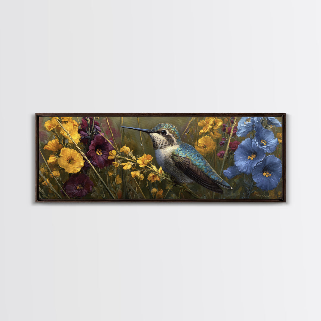Hummingbird Beside Bright Flowers Canvas Print, Wildlife Art, Living Room Art, Living Room Decor, Watercolor Art, Wild, WIL-3x1-8