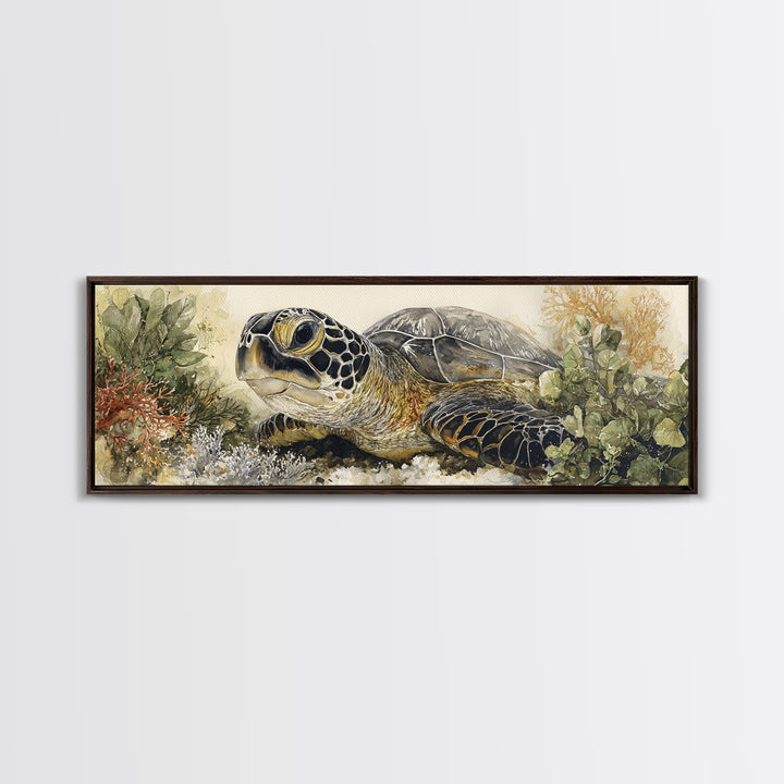 Sea Turtle over Coral Reef Framed Canvas Print, Wildlife Art, Modern Wall Art, Living Room Decor, Fine Art, Wild, Bird Wall Art, WIL-3x1-82