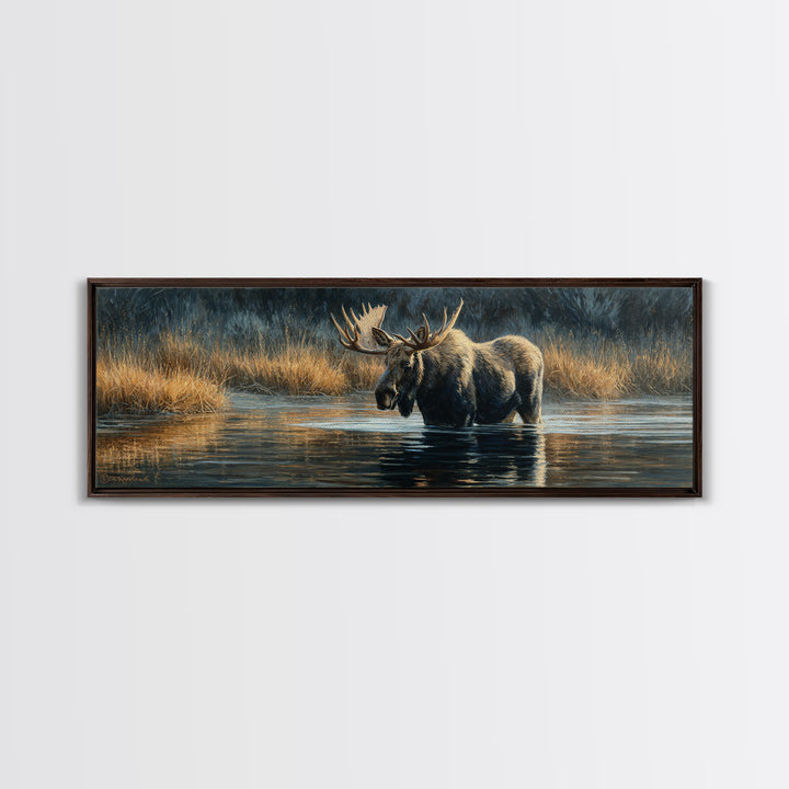 Moose Standing in Reflective Lake Canvas Print, Wildlife Art, Oil Painting, Living Room Decor, Fine Art, Wild, Bedroom Wall Art, WIL-3x1-83
