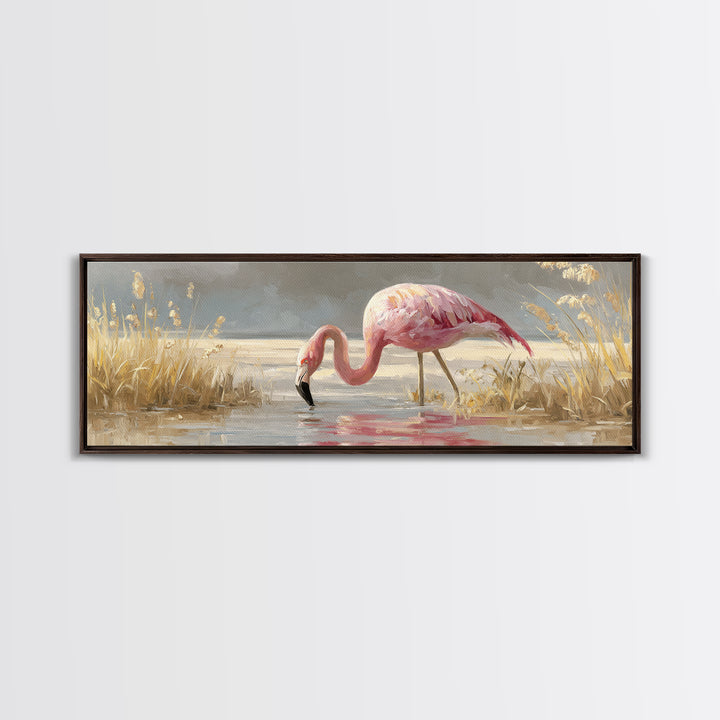 Flamingos in Pink Shallow Water Canvas Print, Wildlife Art, Canvas Wall Art, Living Room Decor, Watercolor Art, Wild, WIL-3x1-86