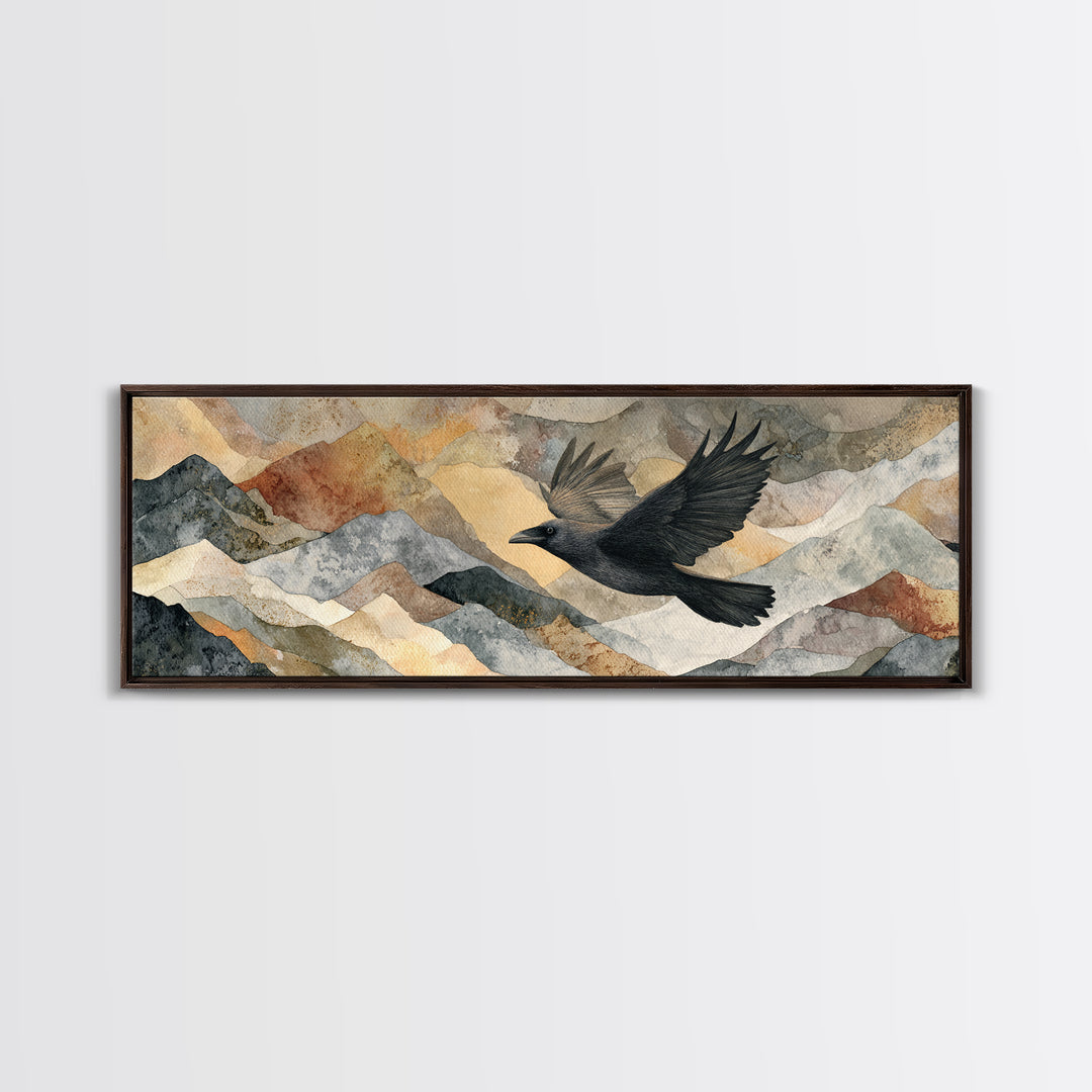 Raven Flying Through Snowy Mountains Canvas Print, Wildlife Art, Minimalist Decor, Living Room Decor, Fine Art, Wild, WIL-3x1-88