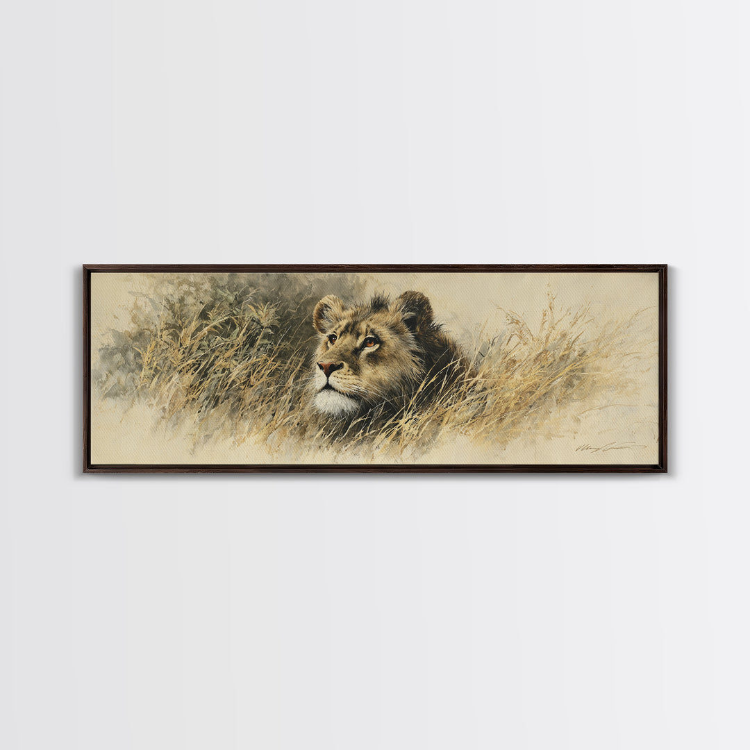 Lion Emerging from Golden Savanna Grass Framed Canvas Print, Wildlife Art, Unique Home Decor, Living Room Decor, Oil Painting, WIL-3x1-89