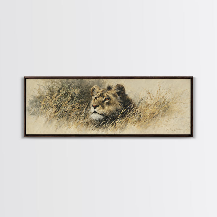 Lion Emerging from Golden Savanna Grass Framed Canvas Print, Wildlife Art, Unique Home Decor, Living Room Decor, Oil Painting, WIL-3x1-89
