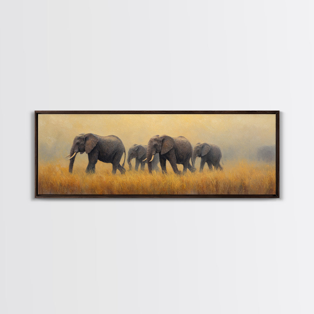 Elephant Herd Walking Through Dusty Sunset Framed Canvas Print, Wildlife Art, Landscape Art, Living Room Decor, Fine Art, Wild, WIL-3x1-90