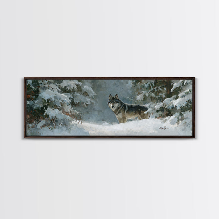Wolf Standing Beneath Snowy Pine Trees Canvas Print, Wildlife Art, Room Decor, Living Room Decor, Fine Art, Wild, WIL-3x1-91