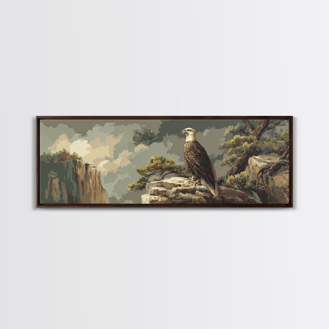 Eagle Soaring Above Rocky Cliffs Canvas Print, Wildlife Art, Bird Art, Living Room Decor, Watercolor Art, Wild, WIL-3x1-94