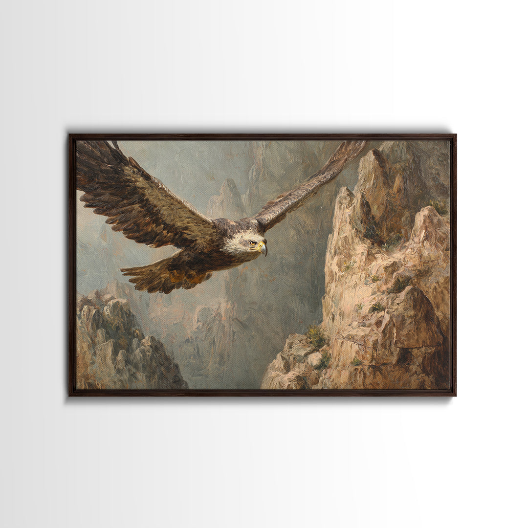 Eagle Soaring Above Rocky Cliffs Framed Canvas Print, Wildlife Art, Wall Art Print, Living Room Decor, Fine Art, Wild, WIL-3x2-10