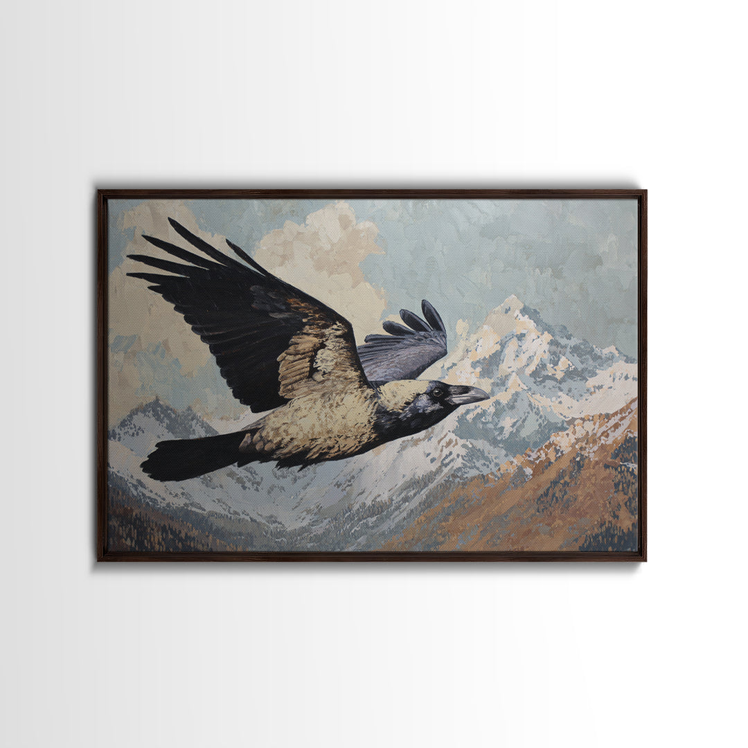Raven Flying Through Snowy Mountains Framed Canvas Print, Wildlife Art, Fine Art Print, Living Room Decor, Fine Art, Wild, WIL-3x2-100