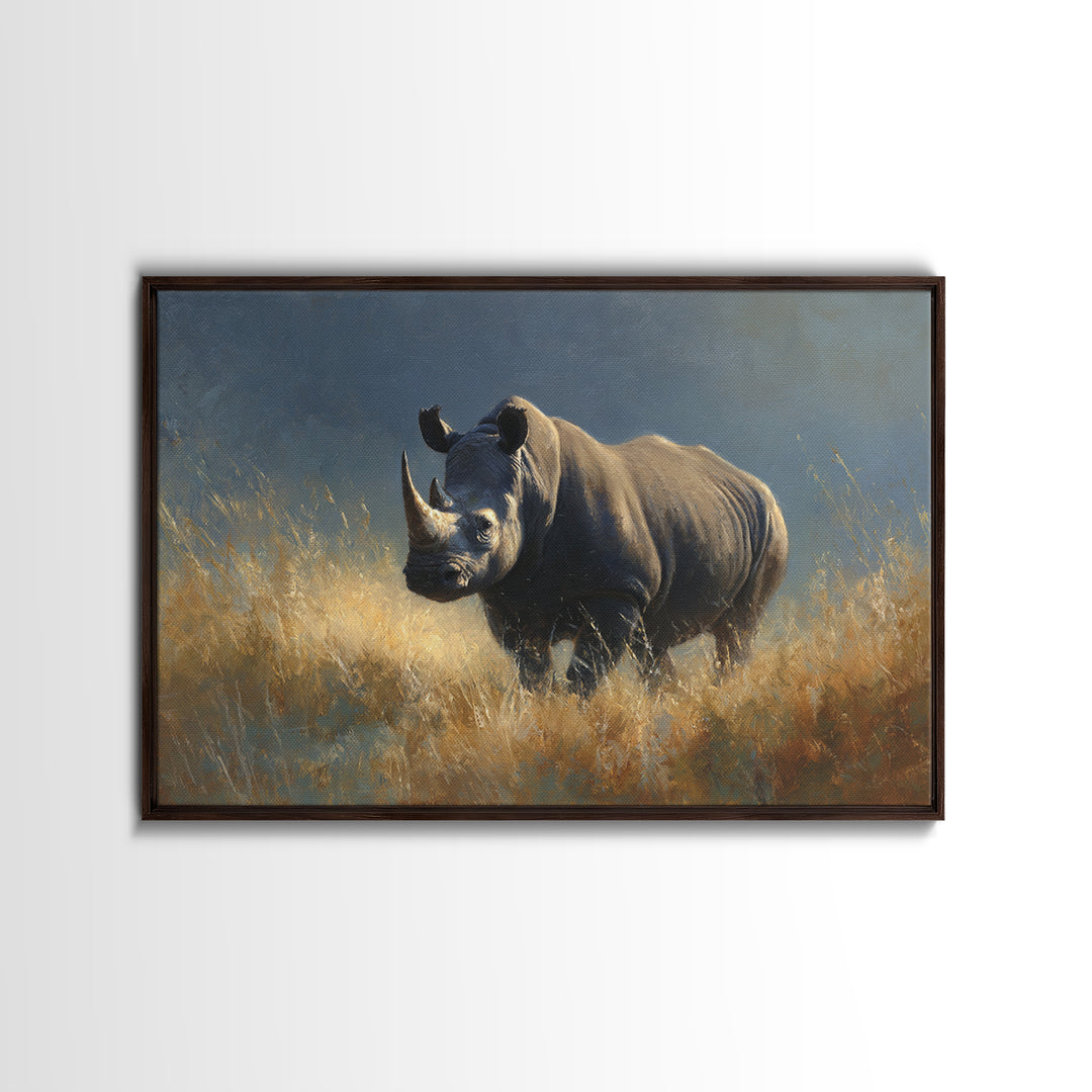 Rhino in Dramatic Stormy Light Canvas Print, Wildlife Art, Modern Wall Art, Living Room Decor, Fine Art, Wild, Bird Wall Art, WIL-3x2-12