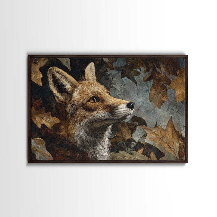 Fox in Autumn Forest Leaves Framed Canvas Print, Wildlife Art, Canvas Print, Living Room Decor, Fine Art, Wild, Forest Wall Art, WIL-3x2-13