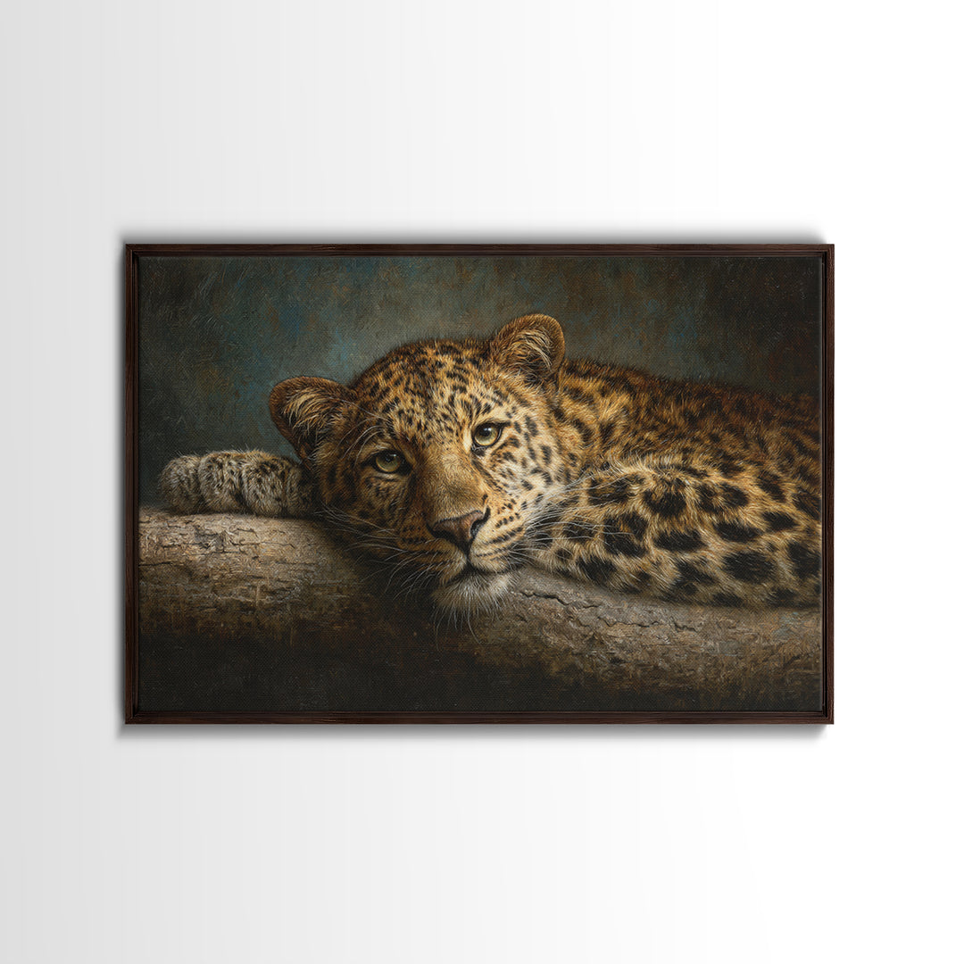 Leopard Resting on Tree Branch Framed Canvas Print, Wildlife Art, Large Wall Art, Living Room Decor, Watercolor Art, Wild, WIL-3x2-18