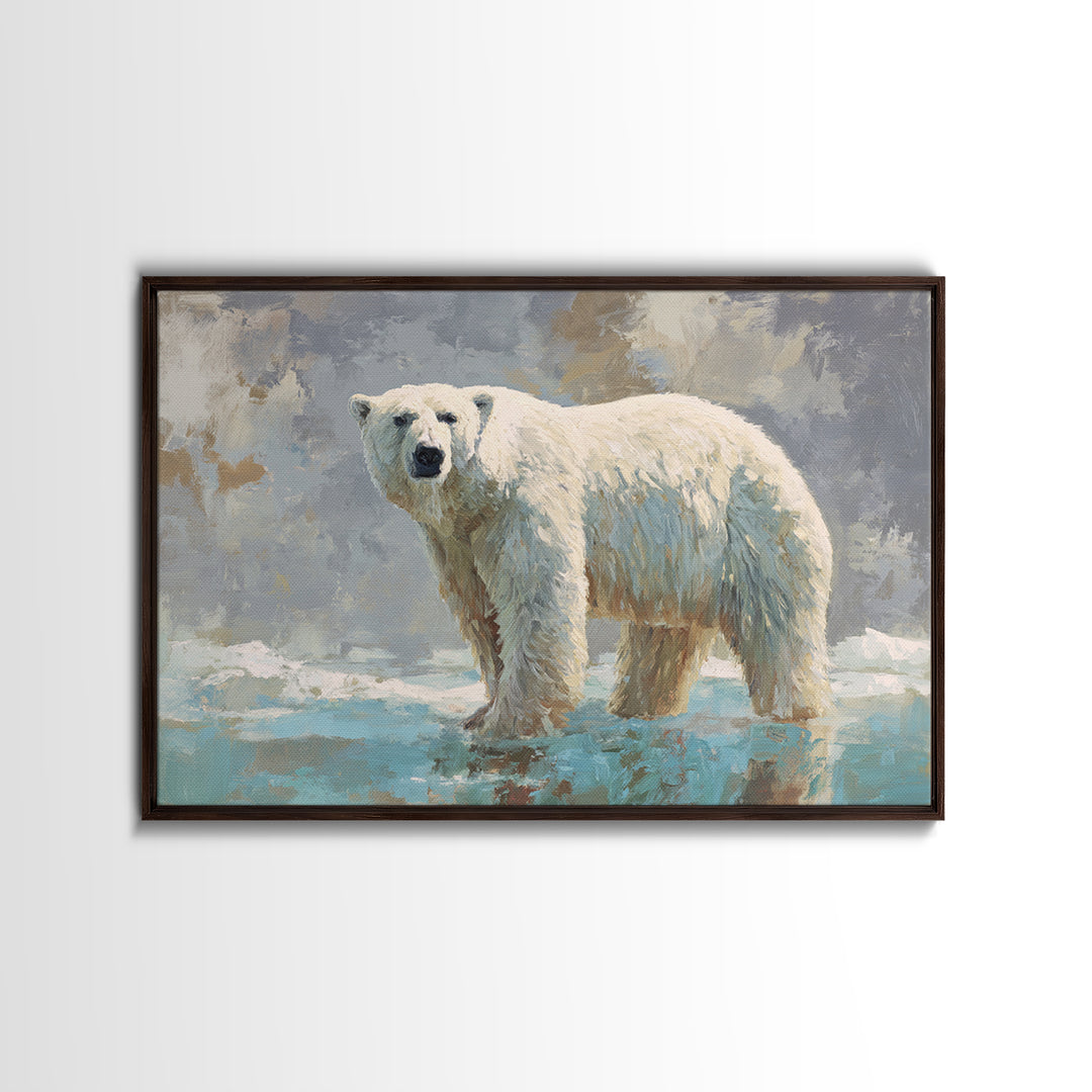 Polar Bear Crossing Blue Ice Framed Canvas Print, Wildlife Art, Living Room Art, Living Room Decor, Fine Art, Wild, Boho Decor, WIL-3x2-19