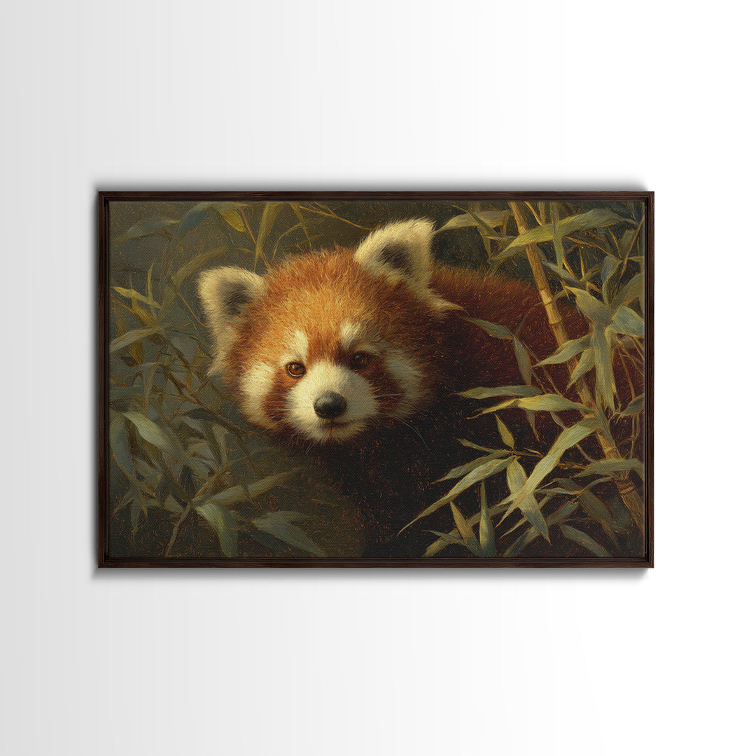 Red Panda Among Bamboo Leaves Framed Canvas Print, Wildlife Art, Canvas Print, Living Room Decor, Wild, Forest Wall Art, WIL-3x2-24