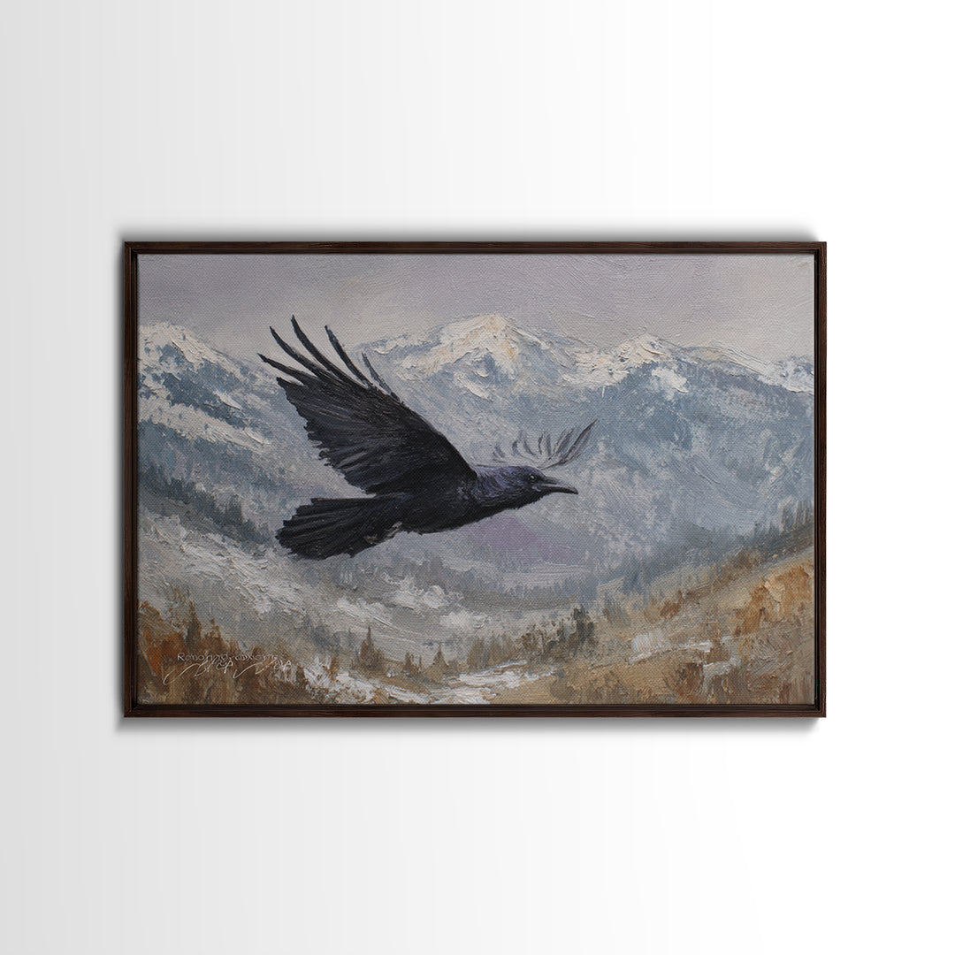 Raven Flying Through Snowy Mountains Framed Canvas Print, Wildlife Art, Living Room Decor, Watercolor Art, Wild, WIL-3x2-28