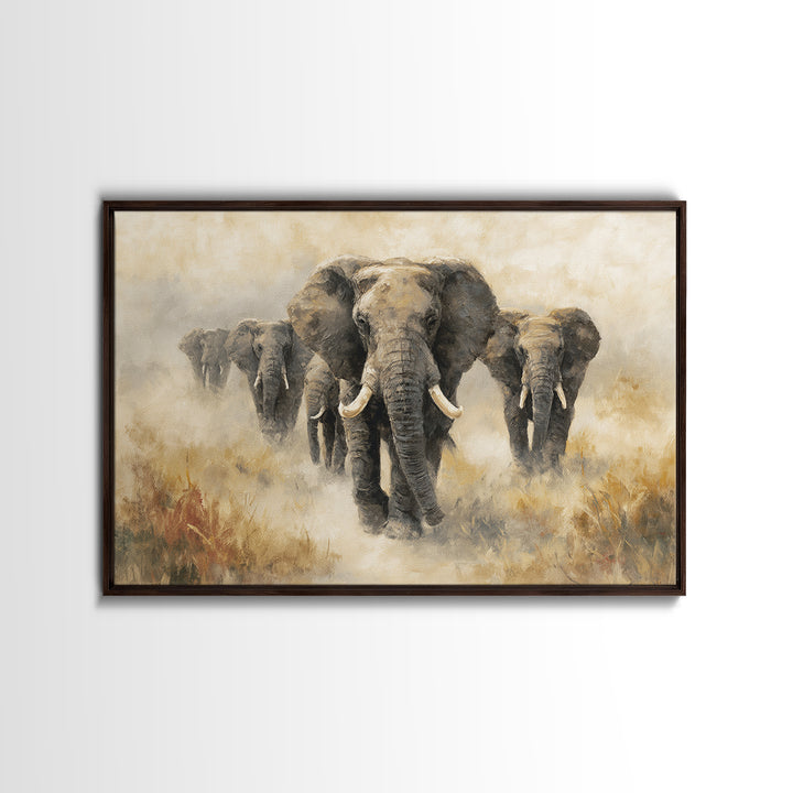 Elephant Herd Walking Through Dusty Sunset Canvas Print, Wildlife Art, Living Room Wall Art, Living Room Decor, Fine Art, Wild, WIL-3x2-30