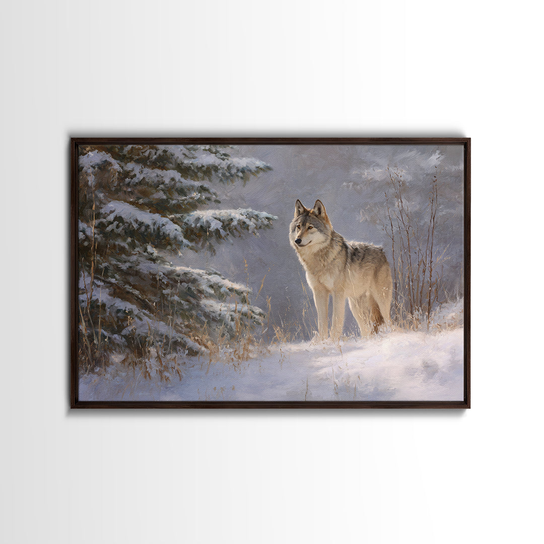 Wolf Standing Beneath Snowy Pine Trees Framed Canvas Print, Wildlife Art, Canvas Painting, Living Room Decor, Fine Art, Wild, WIL-3x2-31
