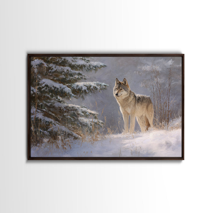 Wolf Standing Beneath Snowy Pine Trees Framed Canvas Print, Wildlife Art, Canvas Painting, Living Room Decor, Fine Art, Wild, WIL-3x2-31
