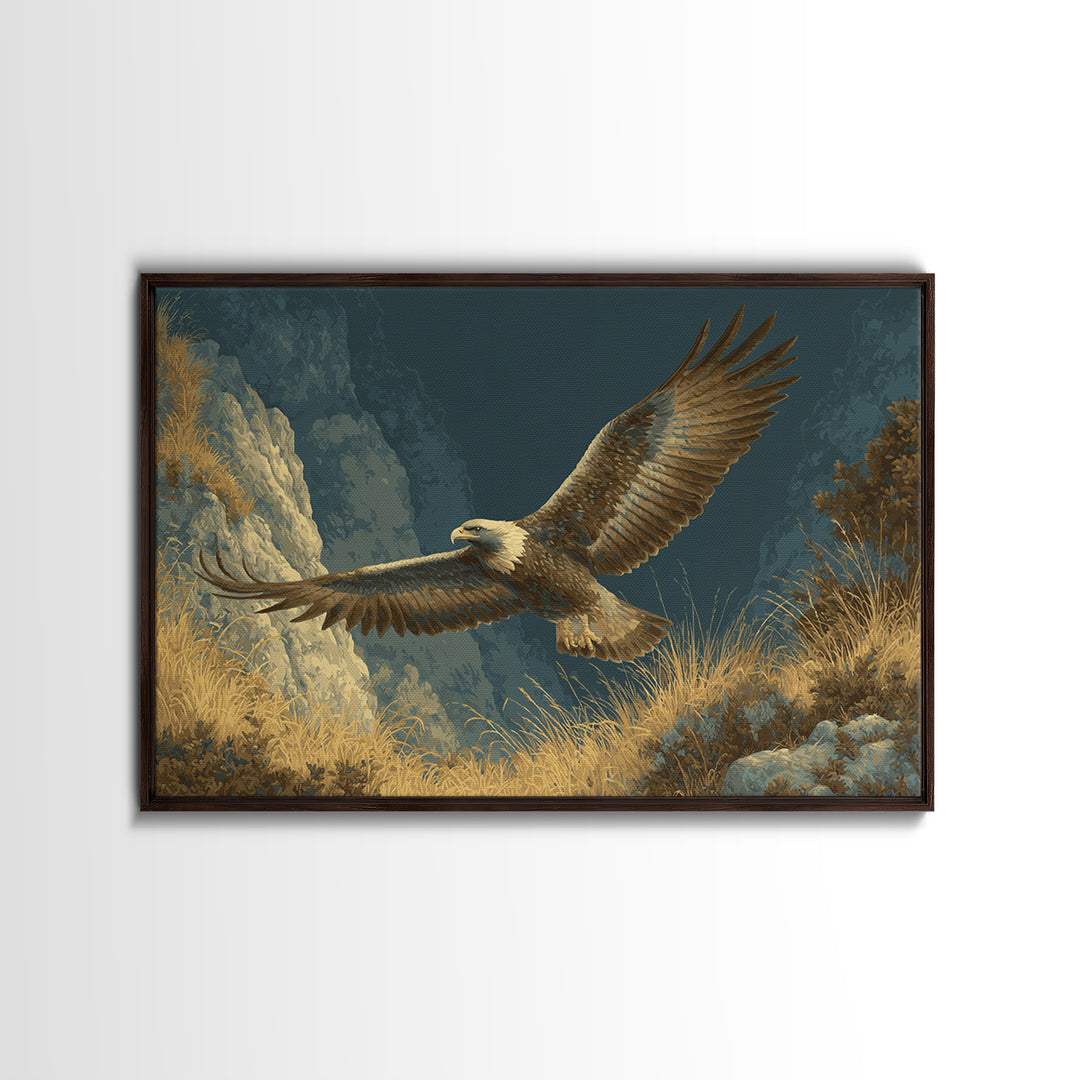 Eagle Soaring Above Rocky Cliffs Canvas Print, Wildlife Art, Bird Art, Living Room Decor, Watercolor Art, Wild, WIL-3x2-34