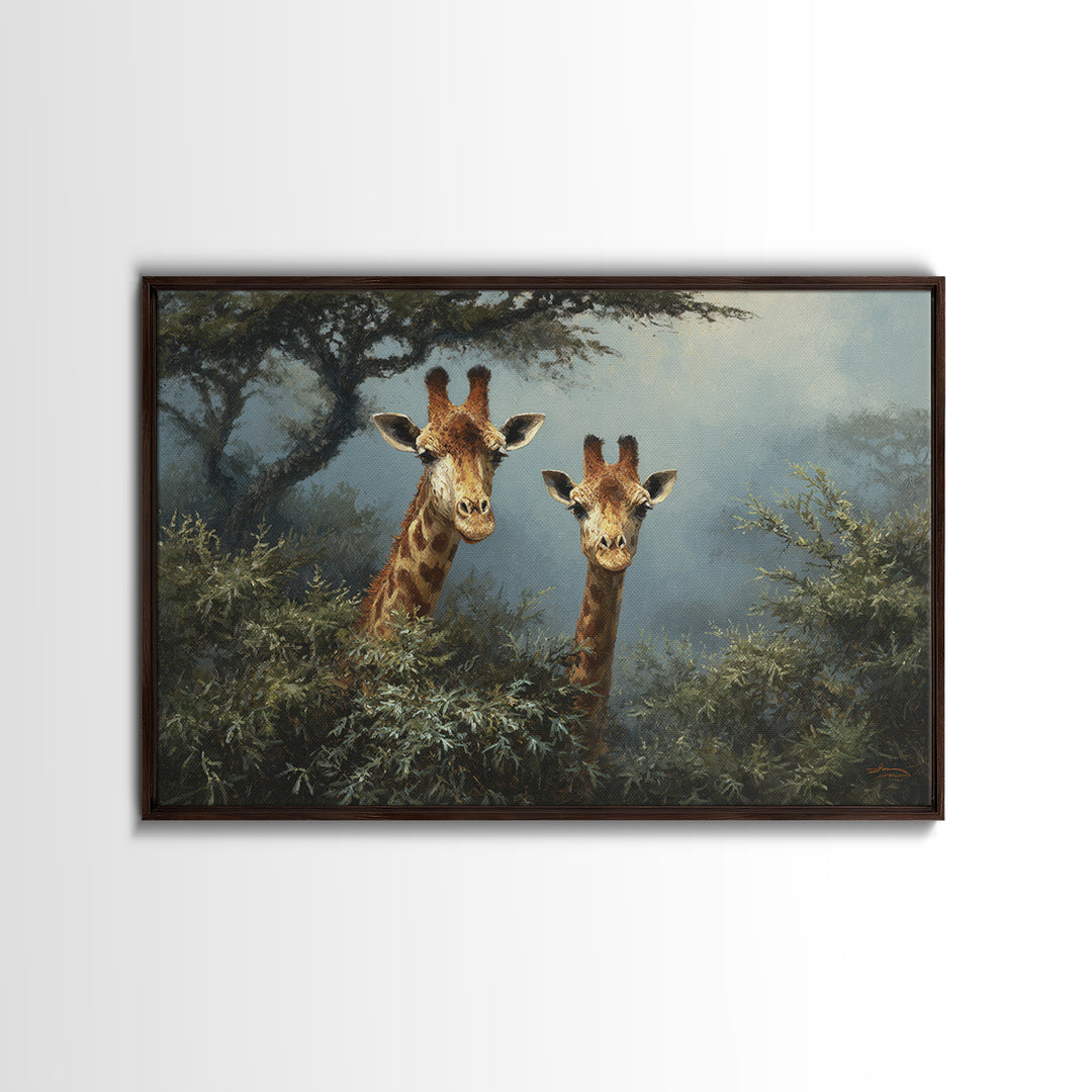 Giraffe Pair under Acacia Tree Framed Canvas Print, Wildlife Art, Rustic Home Decor, Living Room Decor, Fine Art, Wild, WIL-3x2-35