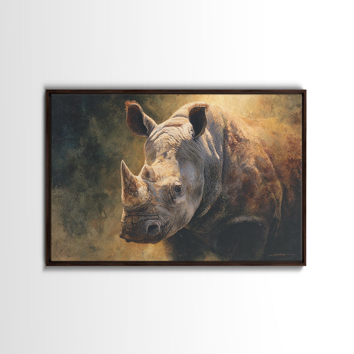 Rhino in Dramatic Stormy Light Framed Canvas Print, Wildlife Art, Bedroom Wall Art, Living Room Decor, Fine Art, Wild, WIL-3x2-36