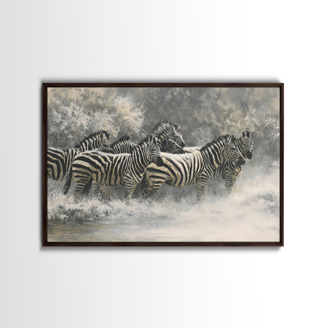 Zebra Herd in Graphic Black and White Framed Canvas Print, Wildlife Art, Neutral Decor, Living Room Decor, Fine Art, Wild, WIL-3x2-39