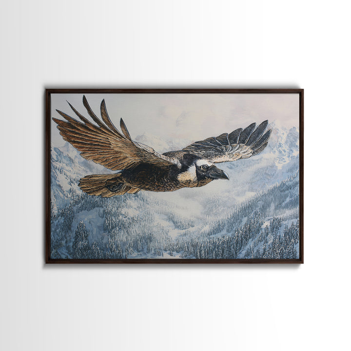 Raven Flying Through Snowy Mountains Canvas Print, Wildlife Art, Wall Hangings, Living Room Decor, Fine Art, Wild, Bird Art, WIL-3x2-4