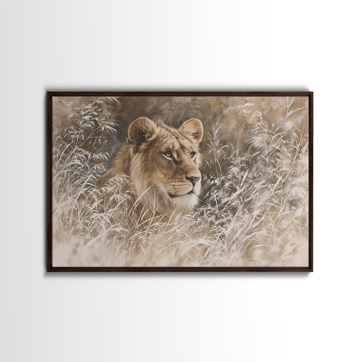 Lion Emerging from Golden Savanna Grass Framed Canvas Print, Wildlife Art, Modern Art, Living Room Decor, Fine Art, Wild, WIL-3x2-5