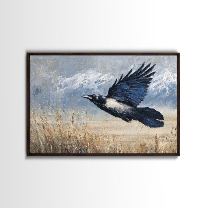 Raven Flying Through Snowy Mountains Canvas Print, Wildlife Art, Living Room Wall Art, Living Room Decor, Fine Art, Wild, WIL-3x2-52