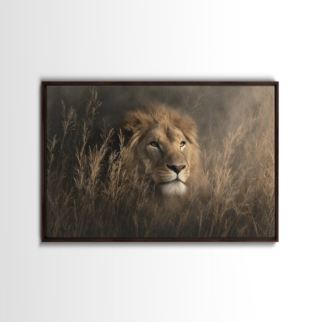 Lion Emerging from Golden Savanna Grass Canvas Print, Wildlife Art, Bird Wall Art, Living Room Decor, Fine Art, Wild, WIL-3x2-53