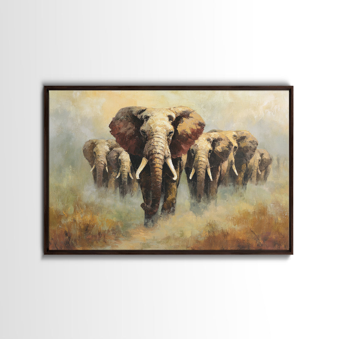 Elephant Herd Walking Through Dusty Sunset Canvas Print, Wildlife Art, Living Room Wall Art, Living Room Decor, Fine Art, Wild, WIL-3x2-54
