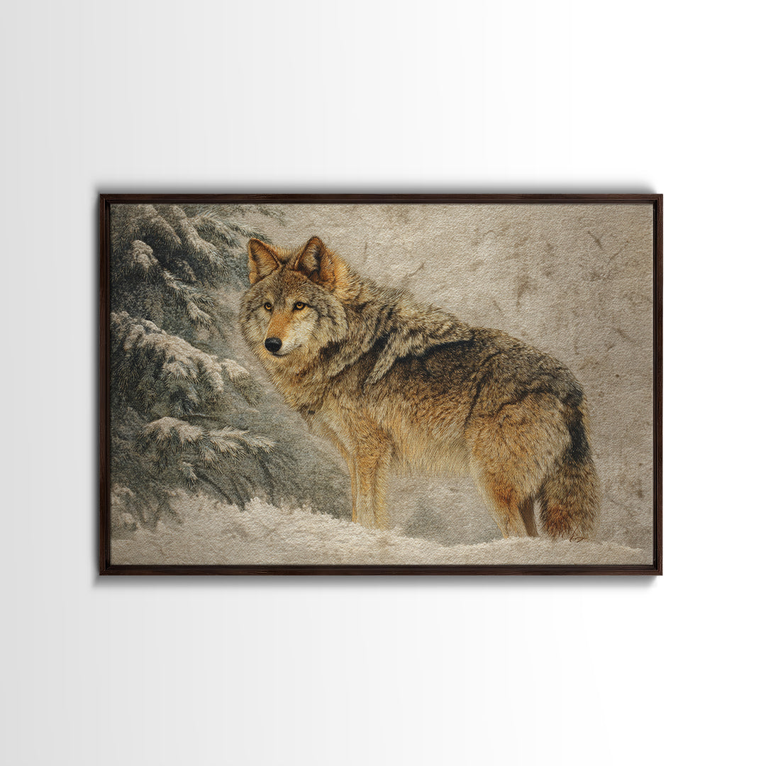 Wolf Standing Beneath Snowy Pine Trees Framed Canvas Print, Wildlife Art, Wall Decor, Living Room Decor, Oil Painting, Wild, WIL-3x2-55